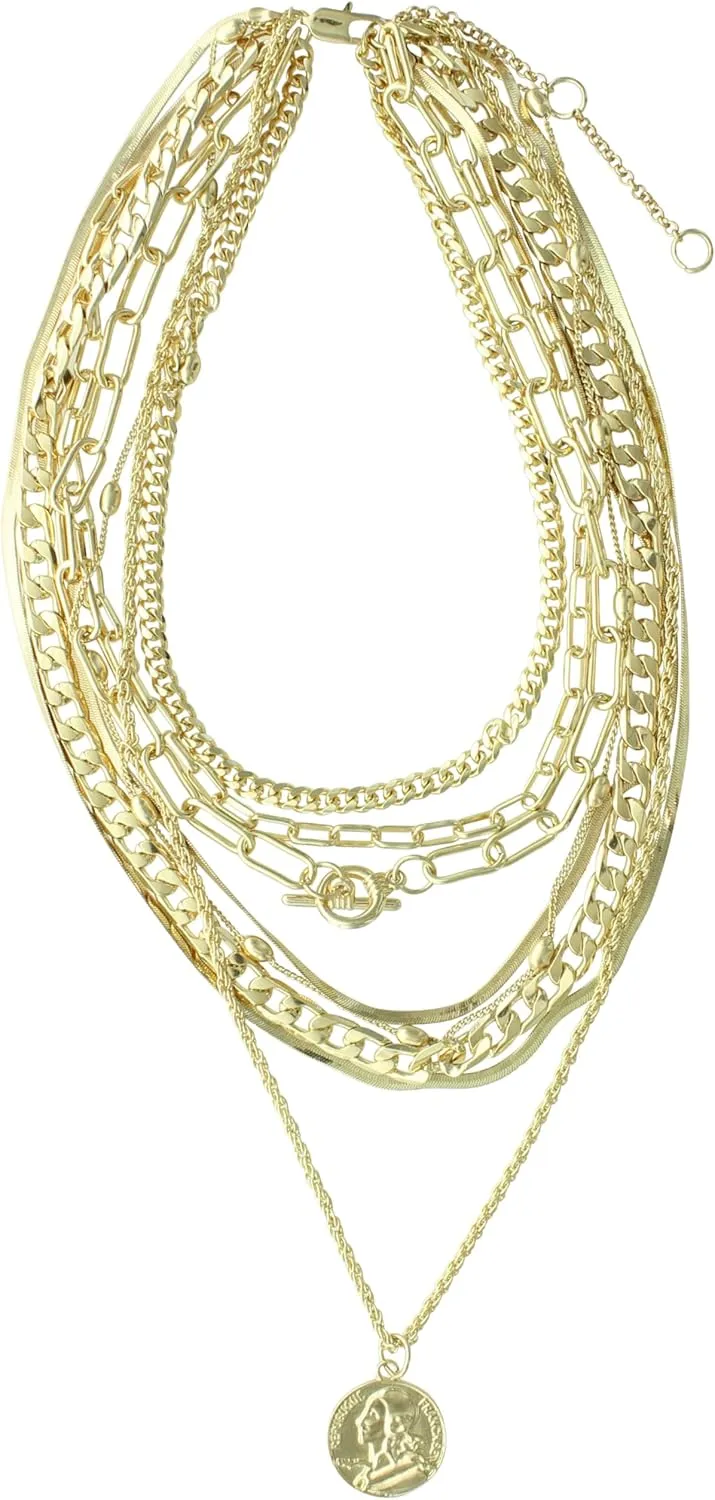 Olivia Welles Lindsay Layered Necklace for Women Gold Plated Multi Layer Mixed 8- Chain Circles Pendant Necklace