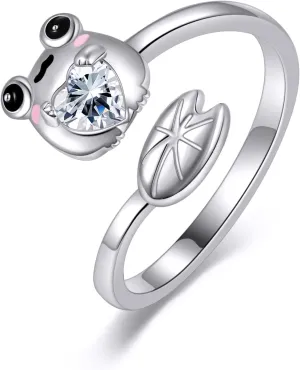 ONEFINITY Frog Ring 925 Sterling Silver Cute Frog Ring Adjustable Open Ring for Women Frog Jewelry For Men Women