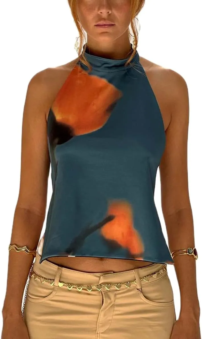 Open Back High Neck Tank Tops for Women Halter Mockneck Sleeveless Backless Floral Crop Top Y2k Summer Going Out Tops