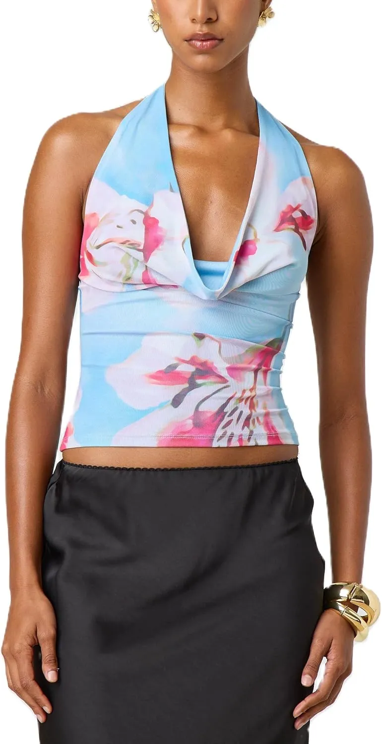 Open Back High Neck Tank Tops for Women Halter Mockneck Sleeveless Backless Floral Crop Top Y2k Summer Going Out Tops