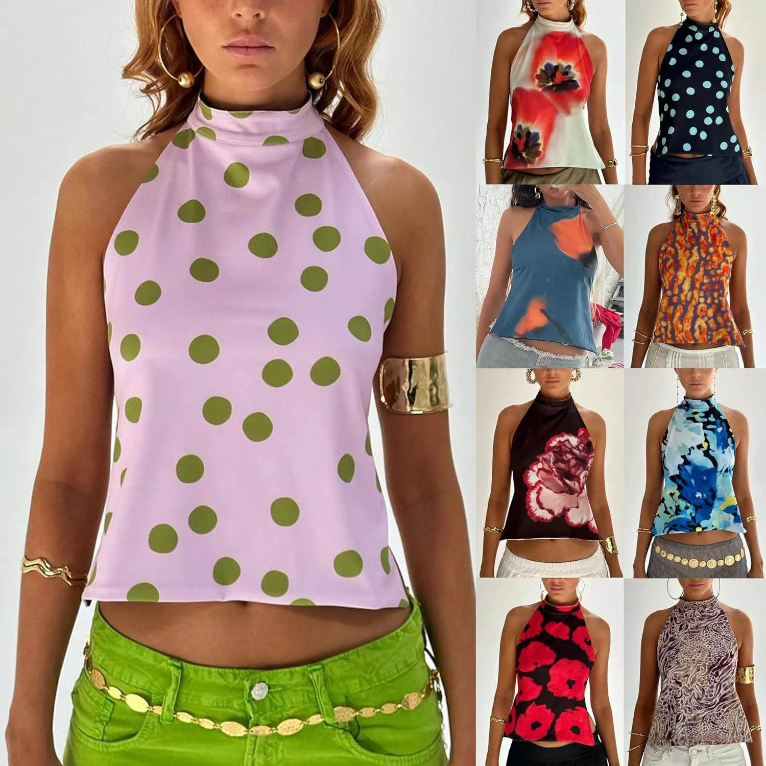 Open Back High Neck Tank Tops for Women Halter Mockneck Sleeveless Backless Floral Crop Top Y2k Summer Going Out Tops