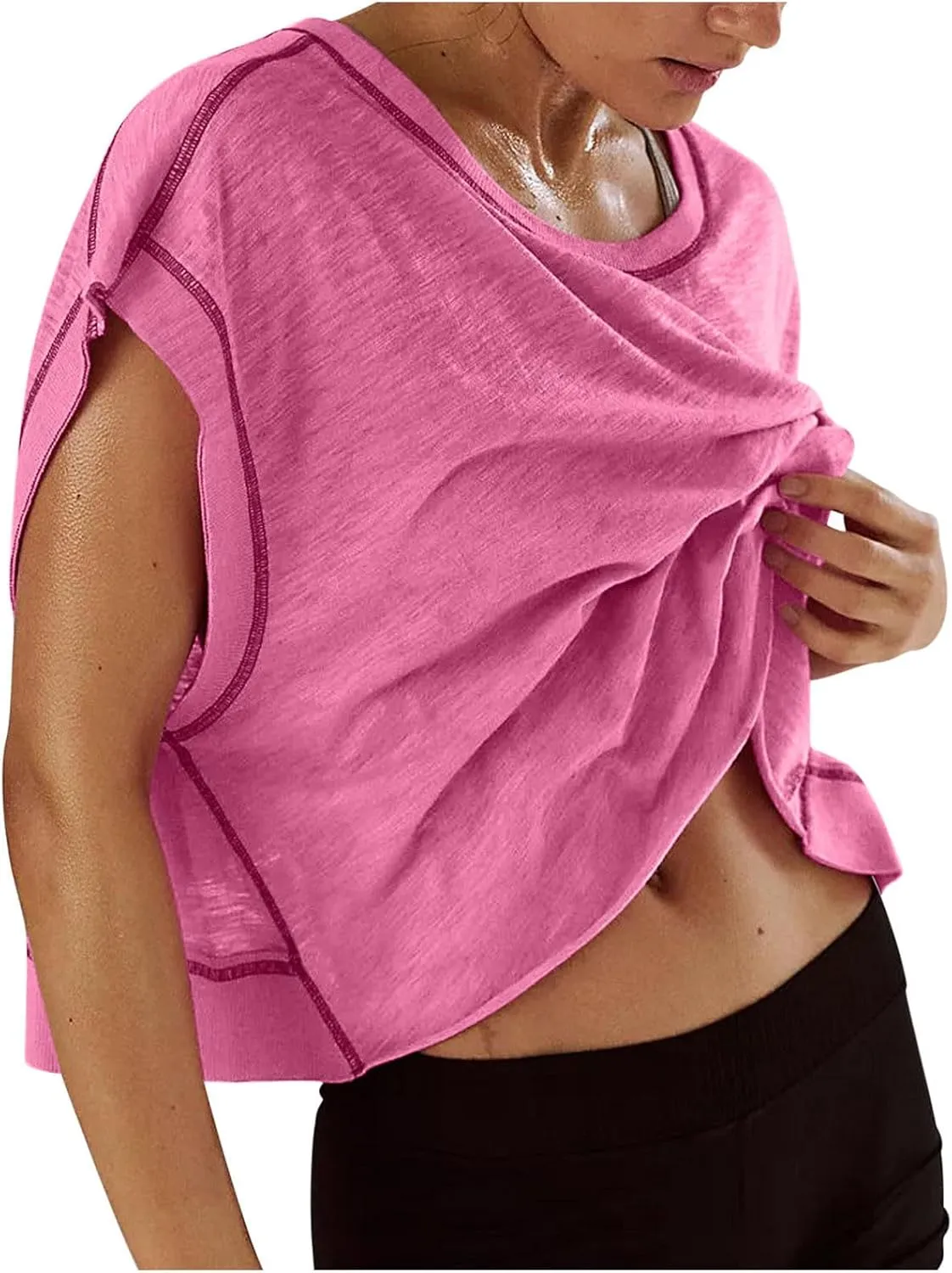 Open Back Tops for Women Backless Workout Short Sleeve Shirts Y2K Gym Yoga Athletic Tshirt Slouchy Crop Running Tees
