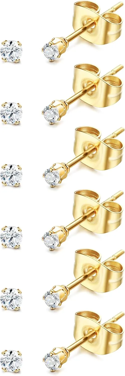 ORAZIO 6 Pairs Tiny 2mm Stainless Steel Stud Earrings For Mens Womens CZ Round Ball Cartilage Earrings Set