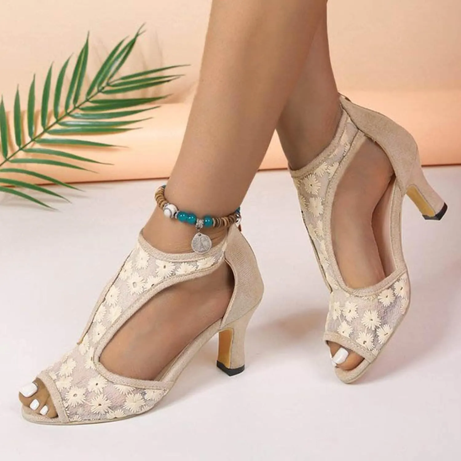Orthopedic High Heels for Women,2025 Casual Summer Open Toe Lace Breathable Floral Decor Chunky Heeled Sandals Beach Boho Outdoor Soft Sole Shoes for Women