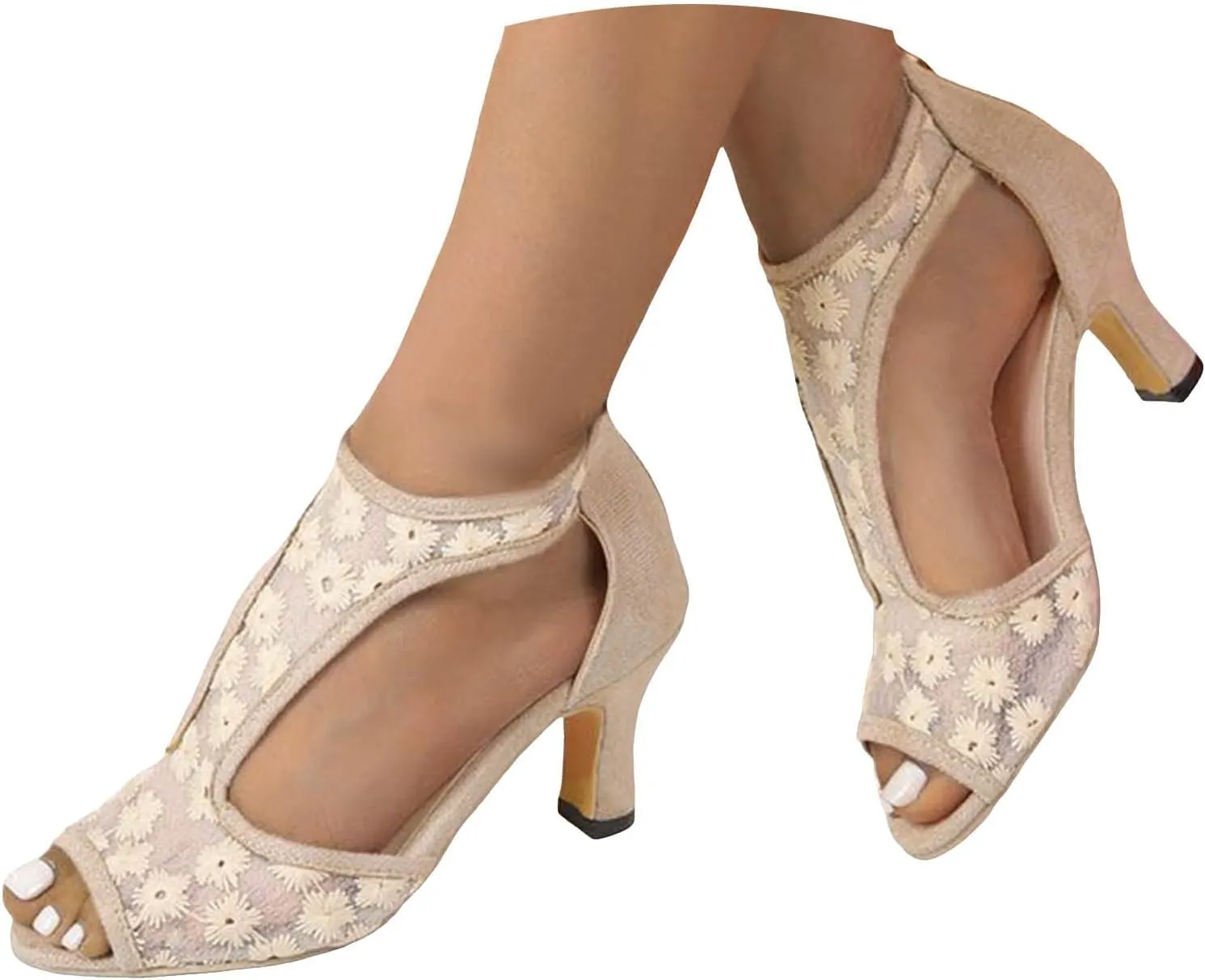 Orthopedic High Heels for Women,2025 Casual Summer Open Toe Lace Breathable Floral Decor Chunky Heeled Sandals Beach Boho Outdoor Soft Sole Shoes for Women