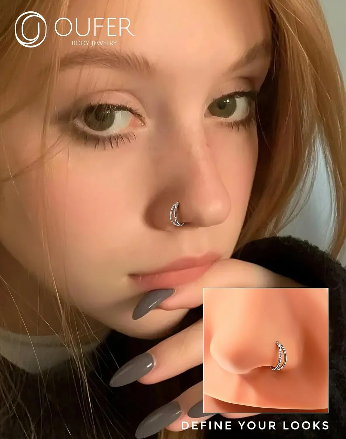 OUFER Nose Rings 20G, Open Double Hoop Nose Rings 316L Stainless Steel Minimalism Unique Nose Rings for Women Men