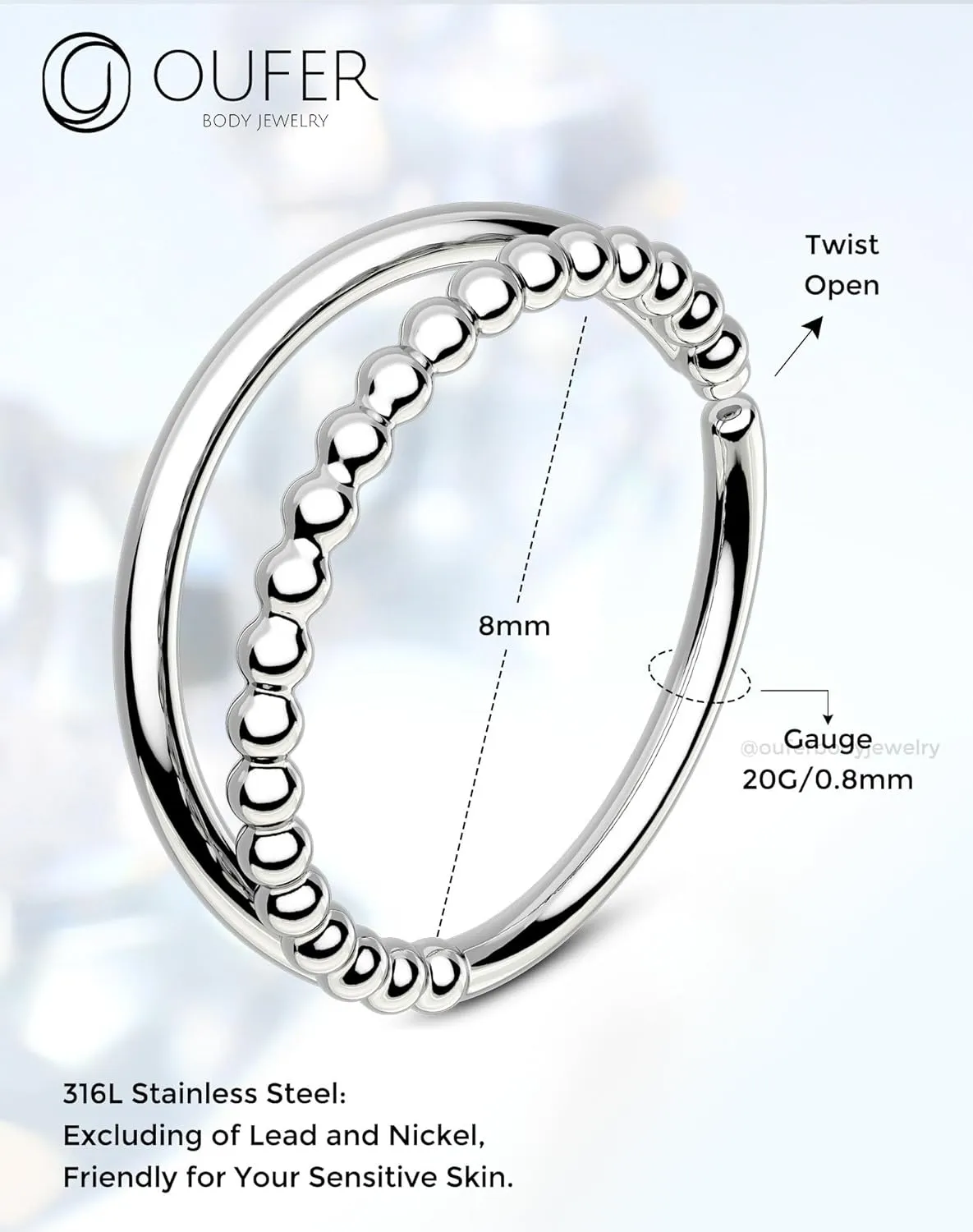 OUFER Nose Rings 20G, Open Double Hoop Nose Rings 316L Stainless Steel Minimalism Unique Nose Rings for Women Men