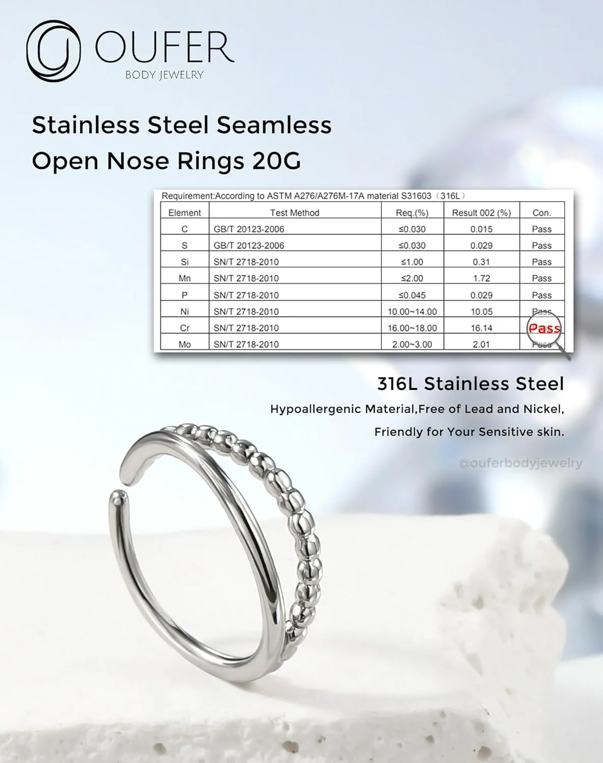 OUFER Nose Rings 20G, Open Double Hoop Nose Rings 316L Stainless Steel Minimalism Unique Nose Rings for Women Men