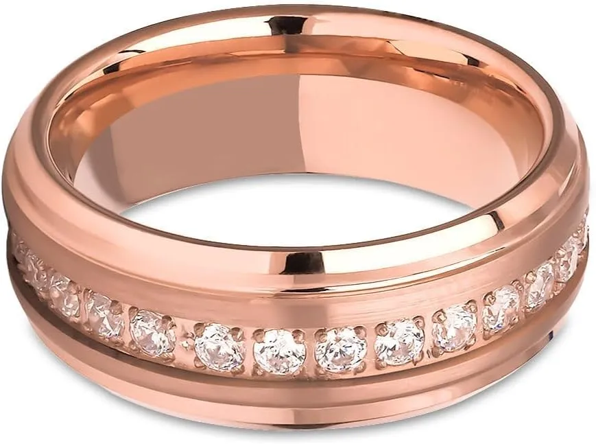 OVIEDO JEWELRY Rose Gold Wedding Ring,White CZ Band,Anniversary,Engagement Ring,Tungsten Carbide,Unique,Man's Jewelry,Woman,Comfort Fit