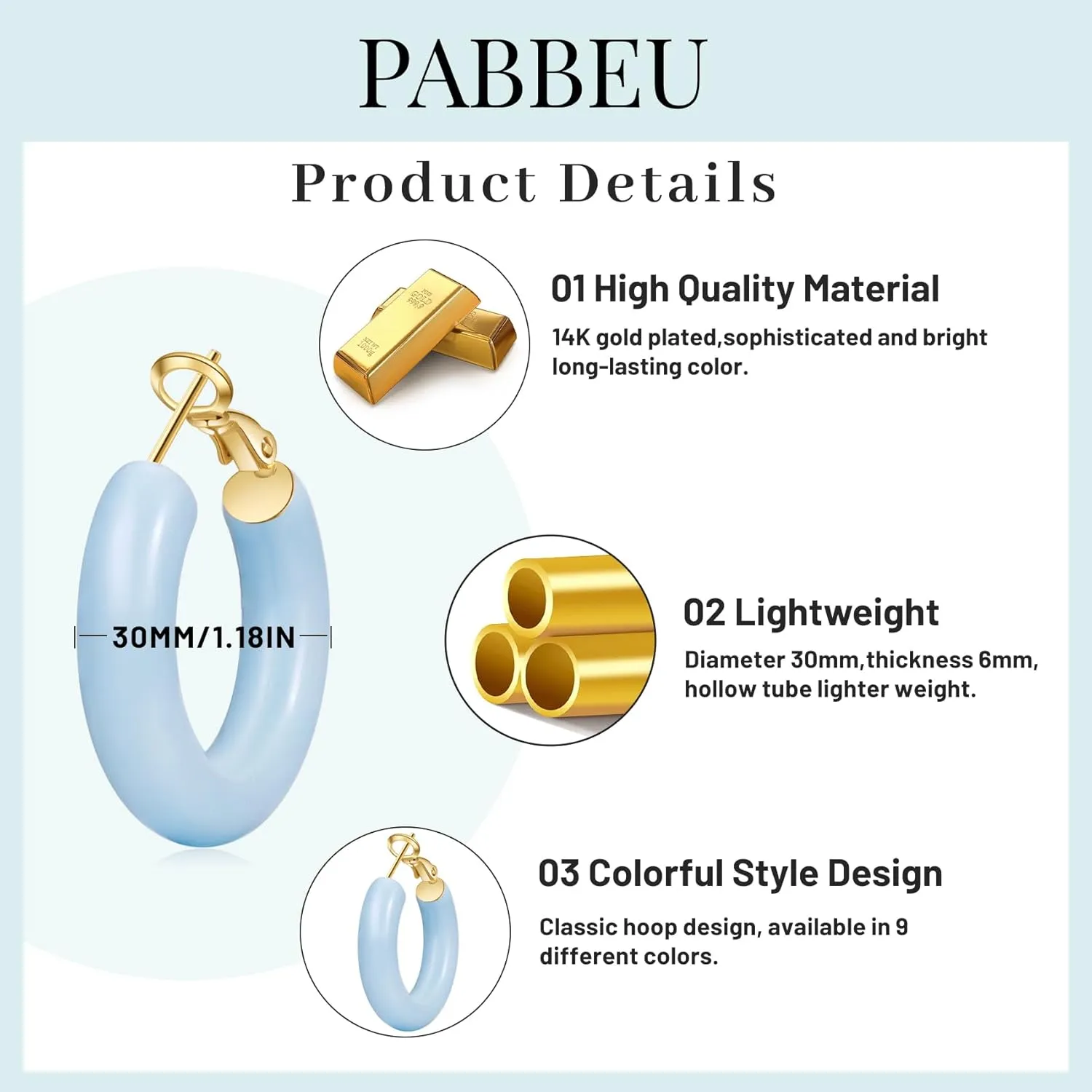 PABBEU 14K Gold Hoop Earrings for Women, Hypoallergenic Hollow Tube Red Yellow Off-white Blue Pink Green Hoop Earrings for Women Lightweight Colorful Chunky Gold Hoops Gifts 30MM