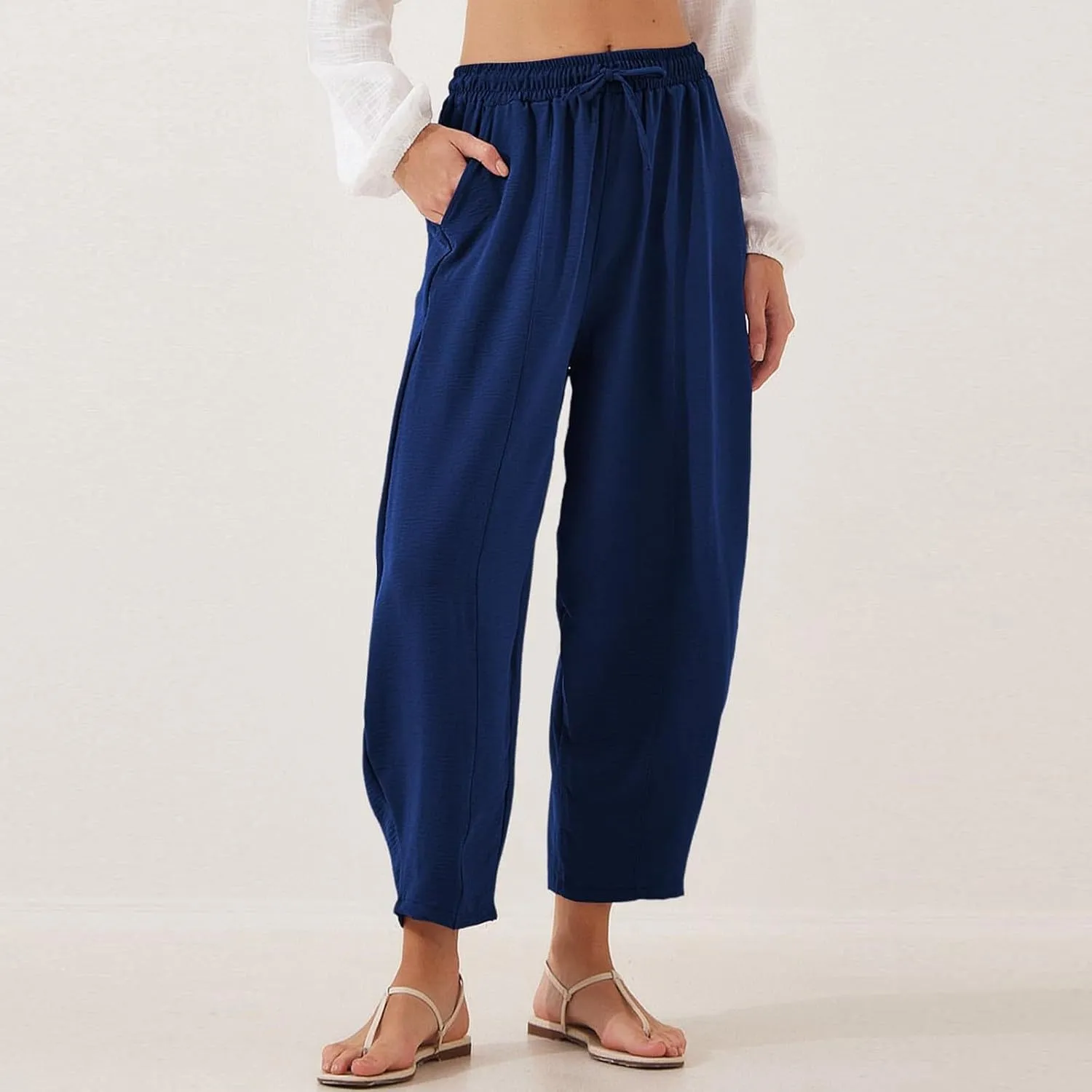 Pants for Women Trendy Elastic Waist Drawstring Sumemr Pants Casual Wide Leg High Waisted with Pockets 2025 Trousers