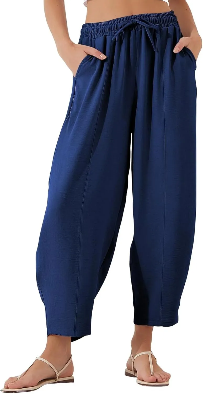 Pants for Women Trendy Elastic Waist Drawstring Sumemr Pants Casual Wide Leg High Waisted with Pockets 2025 Trousers