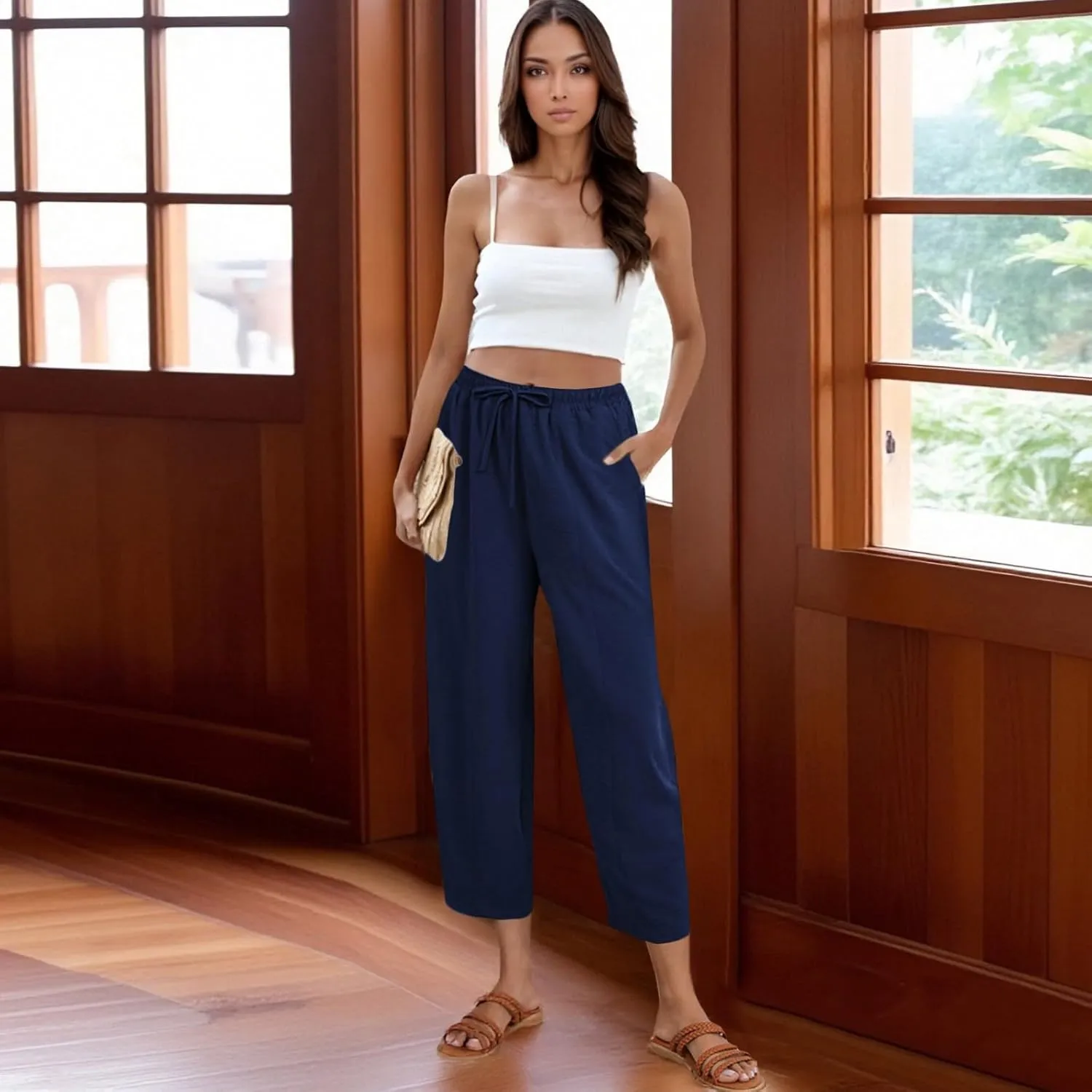 Pants for Women Trendy Elastic Waist Drawstring Sumemr Pants Casual Wide Leg High Waisted with Pockets 2025 Trousers