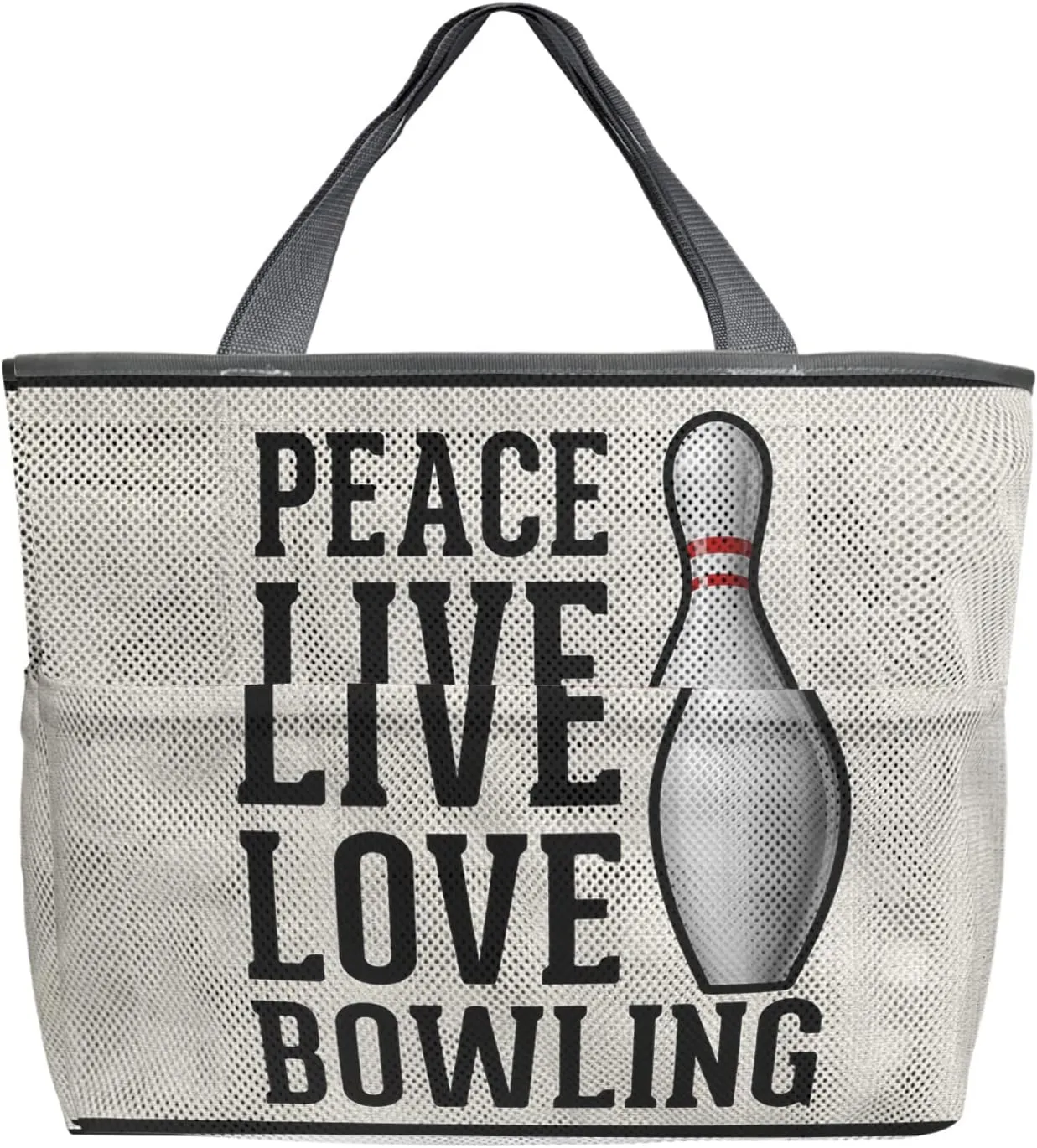 Peace Live Love Bowling Beach Tote Bag for Women, Black Lace Farmhouse Burlap Mesh Beach Bags Waterproof Sandproof, Outdoor Picnic Swim Pool Handbag - Large Beach Bag with Zipper and Pockets