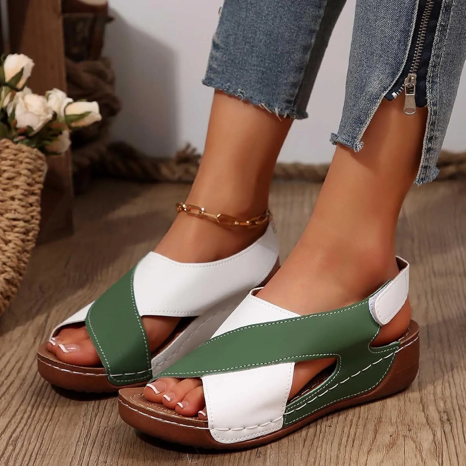 Peep Toe Flats For Women Vacation Women'S Dress Shoes With Non Slip Dressy Strappy Sandals Fashion Wedges