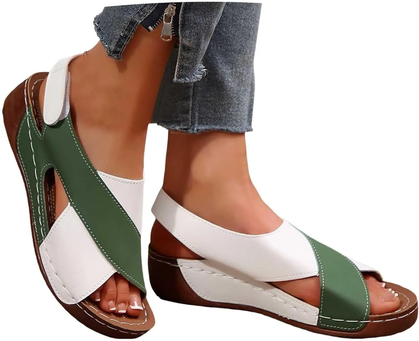 Peep Toe Flats For Women Vacation Women'S Dress Shoes With Non Slip Dressy Strappy Sandals Fashion Wedges