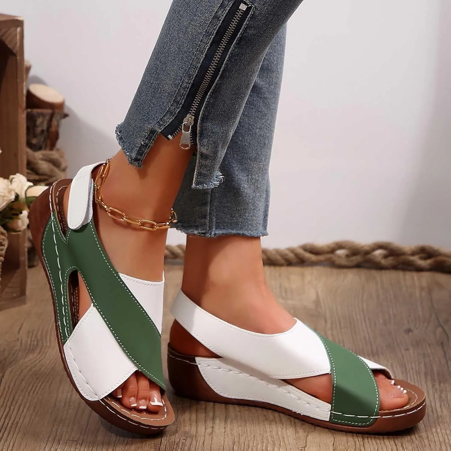 Peep Toe Flats For Women Vacation Women'S Dress Shoes With Non Slip Dressy Strappy Sandals Fashion Wedges