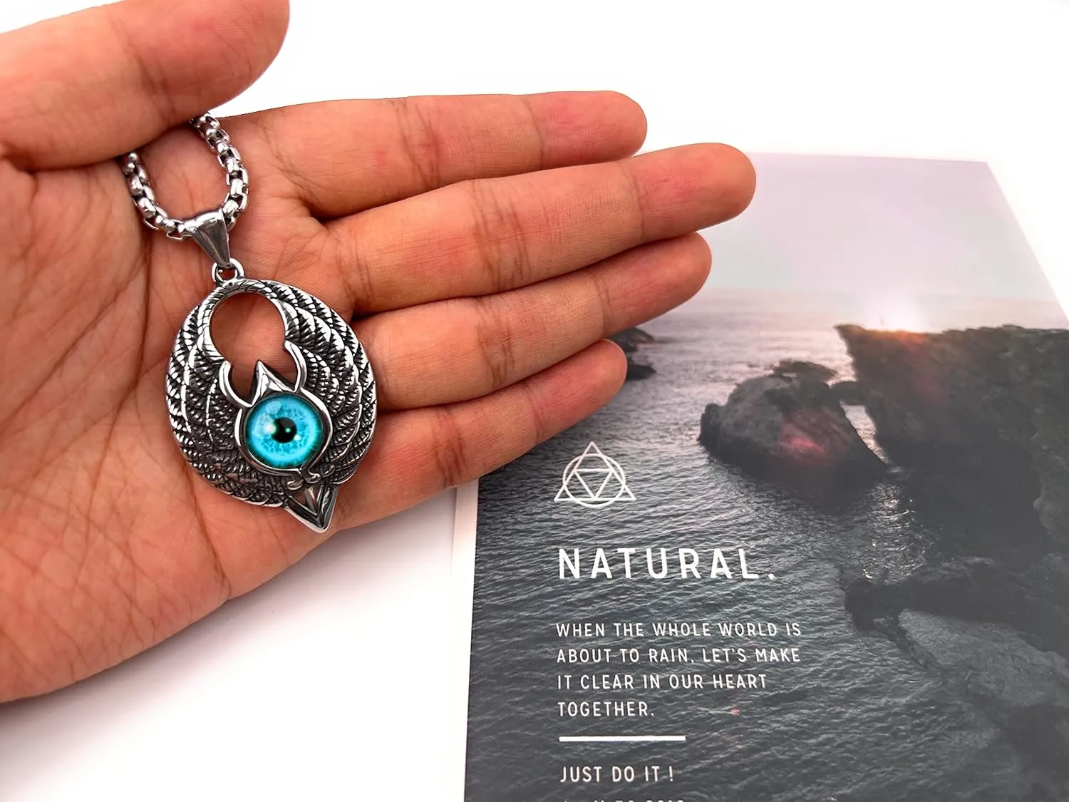 Pendant Necklace for Men with Box Chain Versatile Stainless Steel Silver Pendant