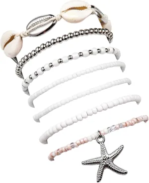 Pingyongchang Bohemian Stackable Shell Beaded Ankle Bracelets for Women Colorful Boho Multi-Layer Seashell Gold Starfish Adjustable Handmade Braid Bracelet Summer Beach Holiday Accessories Gifts