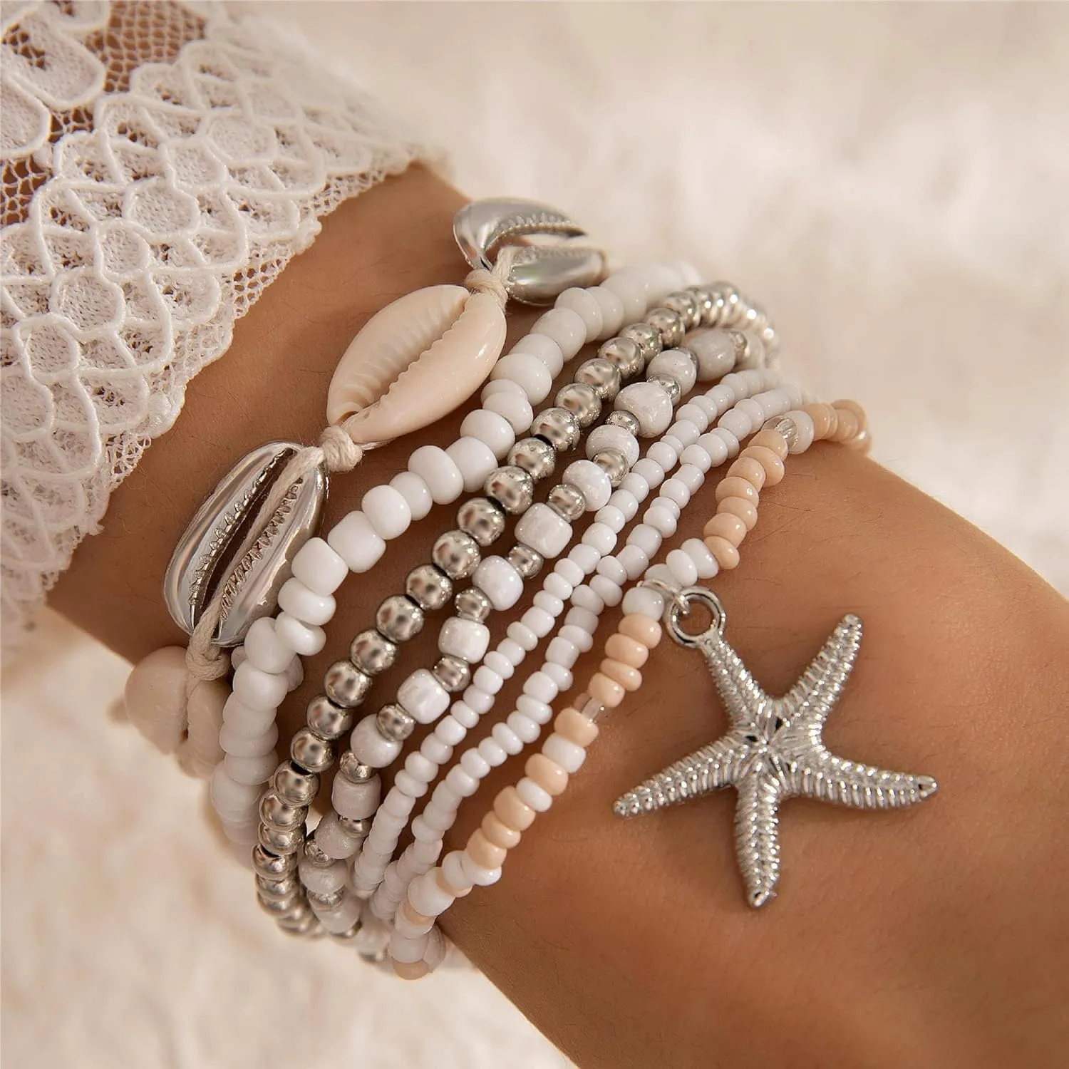 Pingyongchang Bohemian Stackable Shell Beaded Ankle Bracelets for Women Colorful Boho Multi-Layer Seashell Gold Starfish Adjustable Handmade Braid Bracelet Summer Beach Holiday Accessories Gifts