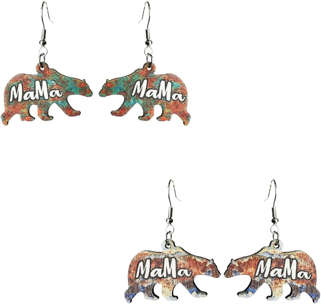 Pingyongchang Cute Mom Letter Baseball Basketball Football Sport Wooden Dangle Drop Earrings Vintage Handmade Mama Bear Wood Earrings Mothers Day Gift for Mom Grandma from Daughter