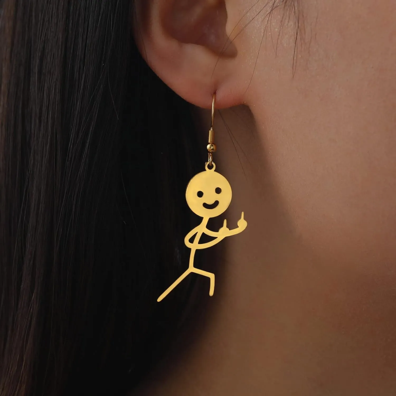 Pingyongchang Funny Doodle Middle Finger Dangle Drop Earrings for Women Cute Face Statement Earrings Creative Cool Jewelry Gift