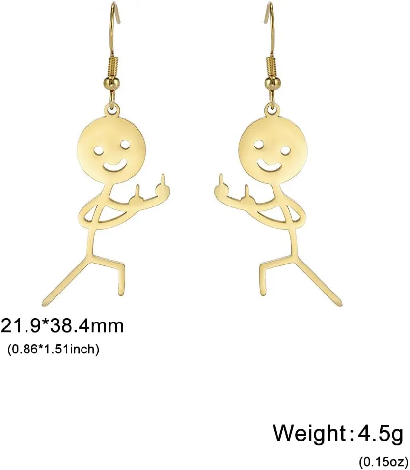 Pingyongchang Funny Doodle Middle Finger Dangle Drop Earrings for Women Cute Face Statement Earrings Creative Cool Jewelry Gift