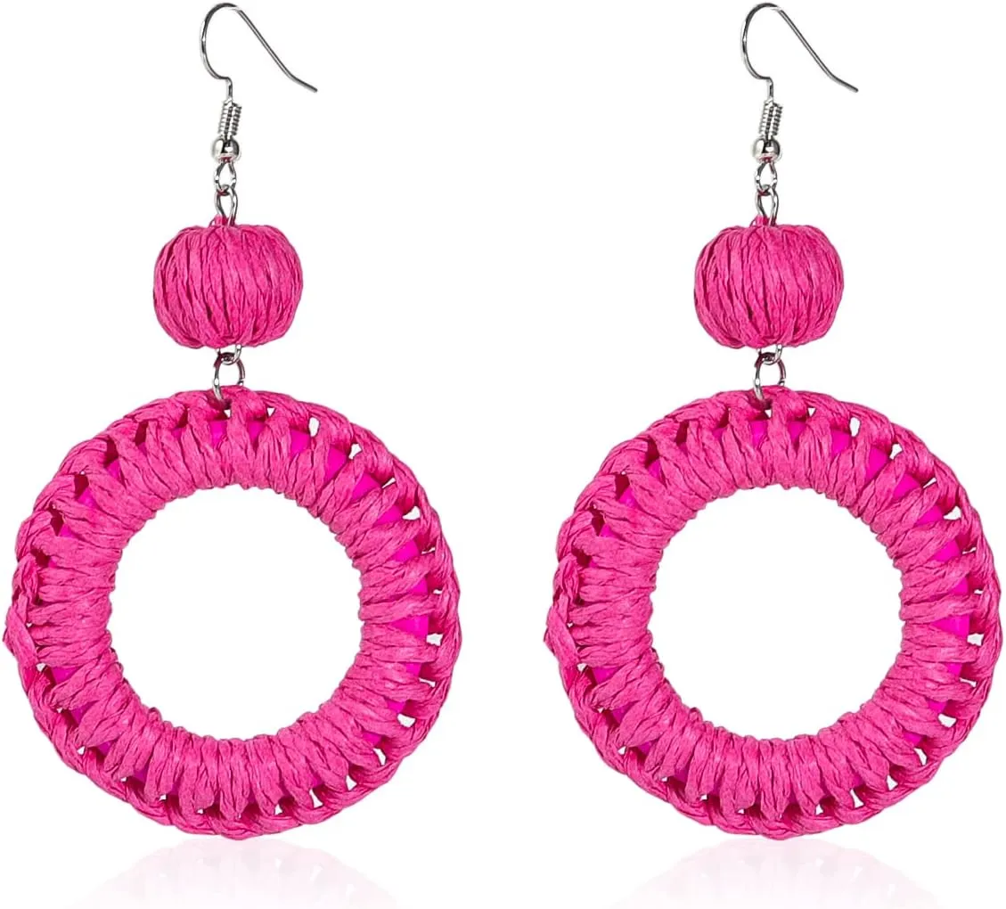 Pingyongchang Rattan Dangle Drop Earrings for Women Handmade Bohemia Lightweight Braid Straw Wicker Raffia Earrings Boho Summer Beach Jewelry Gifts