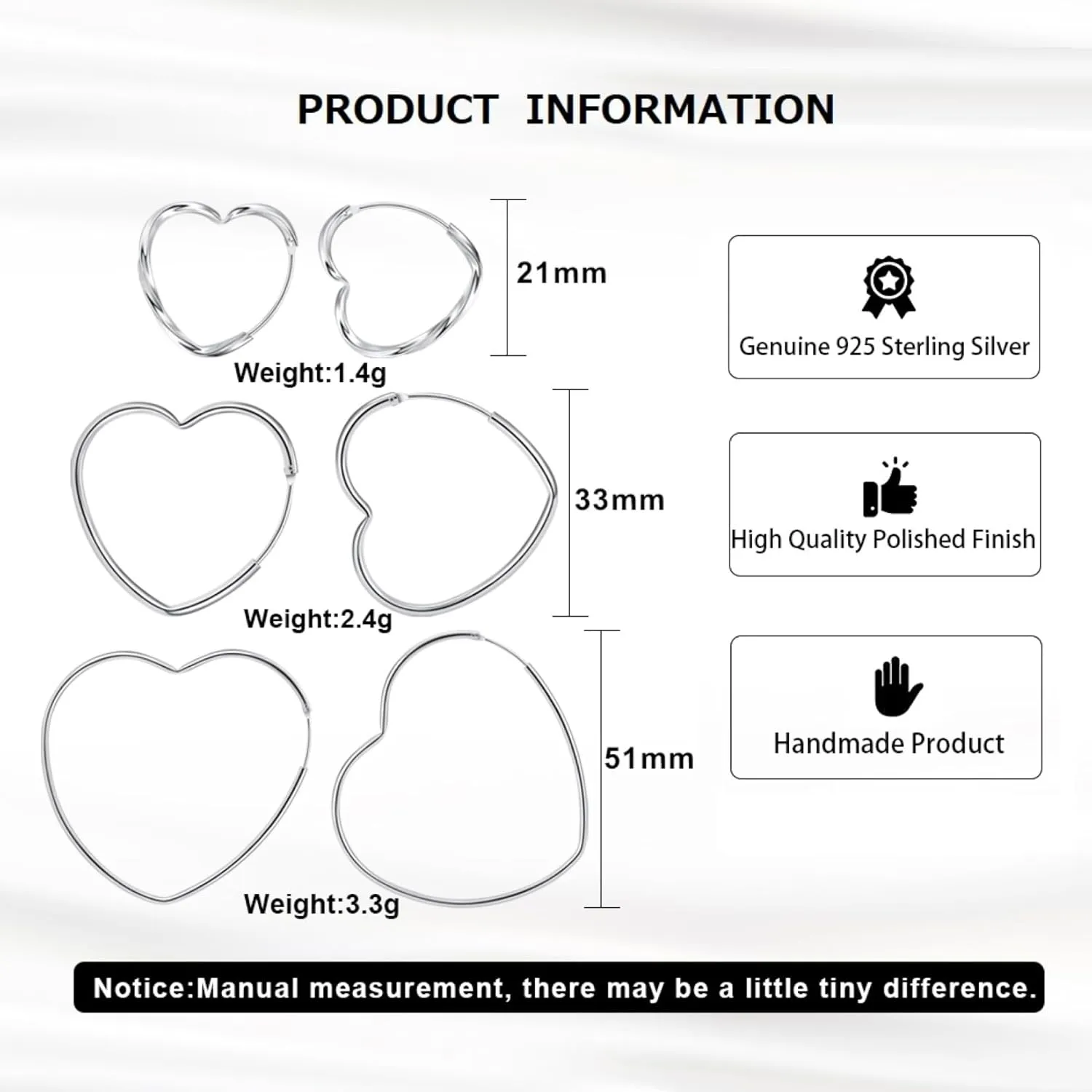 Platinum Plated 925 Sterling Silver Love Heart Hoop Earrings for Women, Classic Design with 3 Sizes