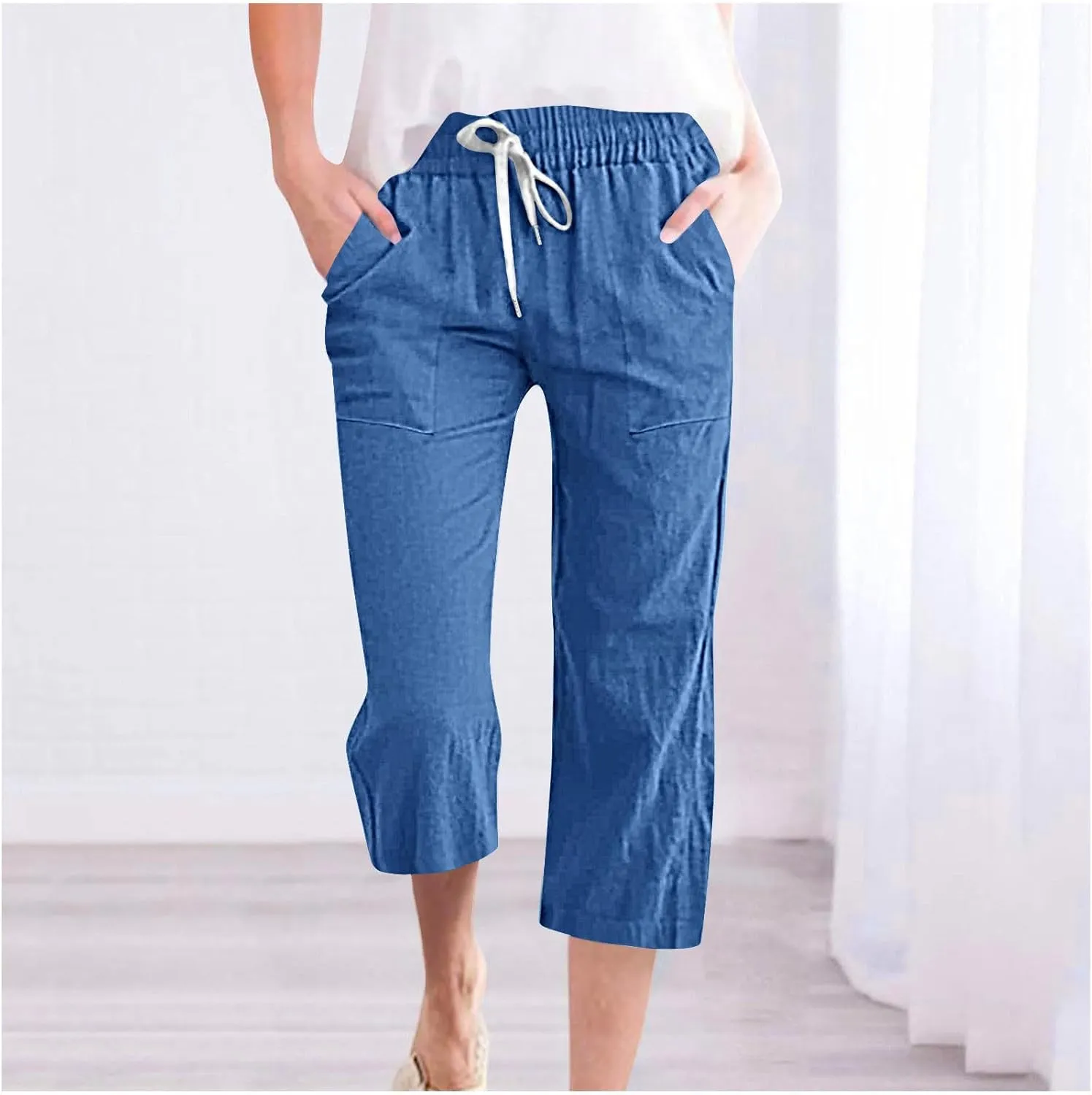 Plus Size Cotton Linen Capri Pants for Women 2025 Summer Drawstring Elastic High Waist Pants Wide Leg Lounge Capris