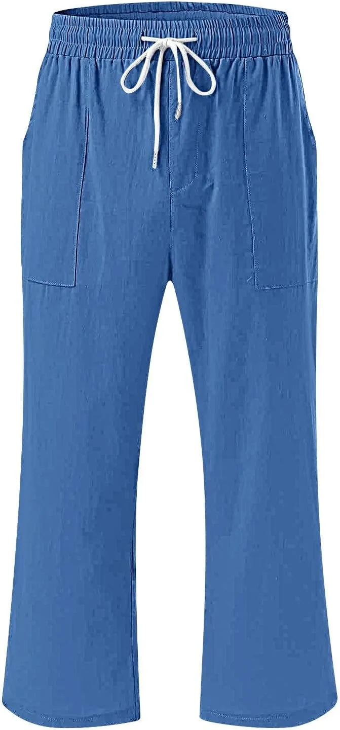 Plus Size Cotton Linen Capri Pants for Women 2025 Summer Drawstring Elastic High Waist Pants Wide Leg Lounge Capris