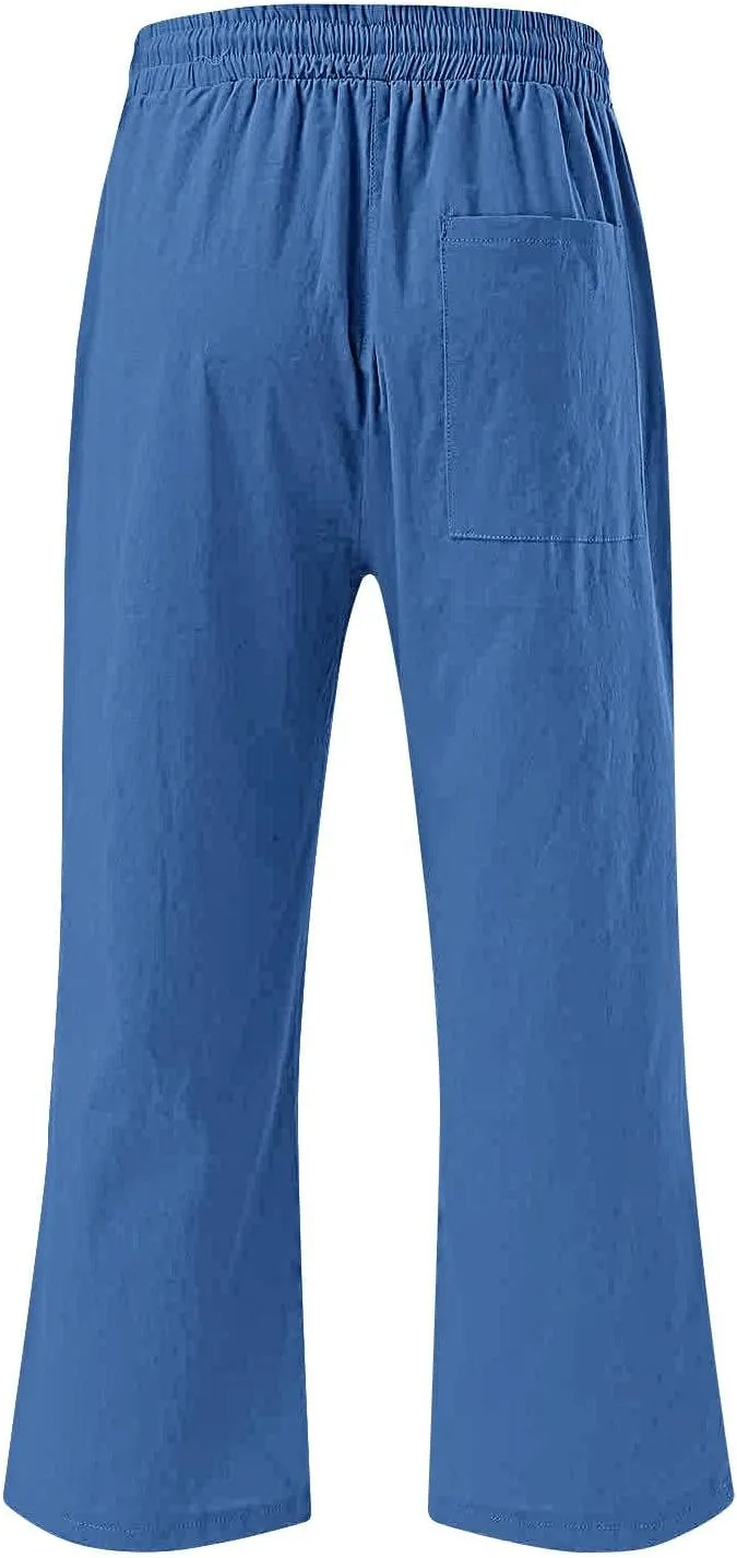 Plus Size Cotton Linen Capri Pants for Women 2025 Summer Drawstring Elastic High Waist Pants Wide Leg Lounge Capris