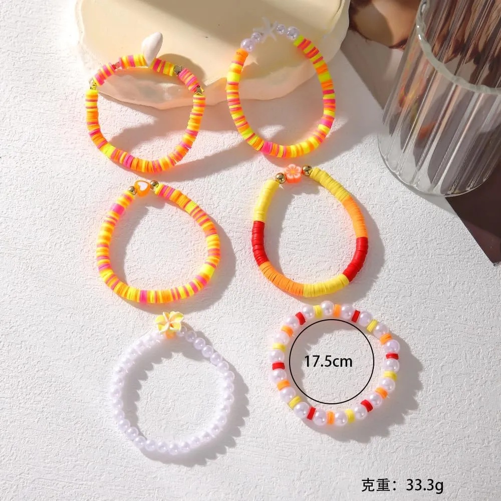Polymer Clay Flower Shell Bracelet Set for Women Heishi Ocean Element Stretch Bracelet Colorful Surfer Bead Elastic Bracelets Simulated Pearls Tortoise Stackable Bracelets for Women Jewelry