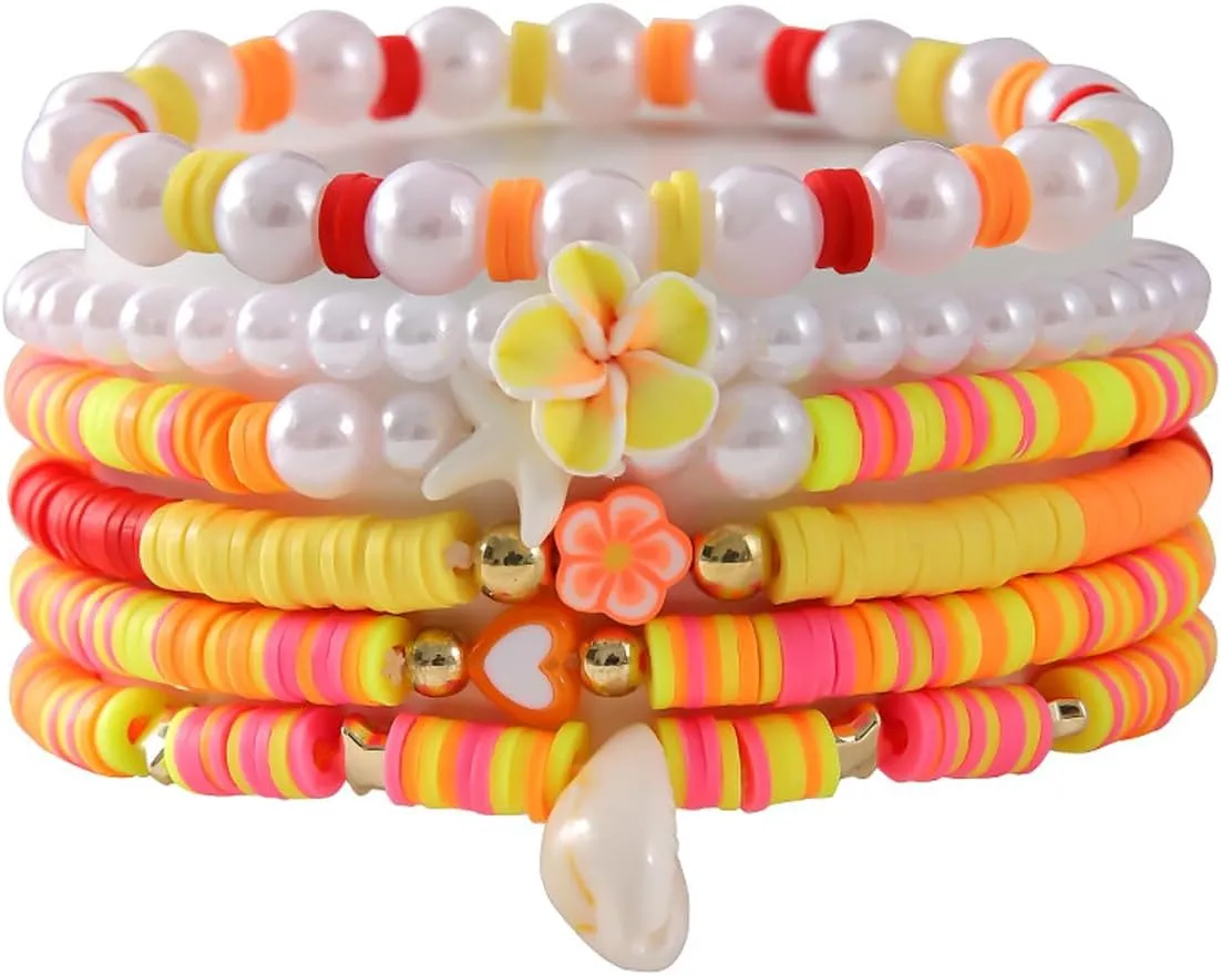 Polymer Clay Flower Shell Bracelet Set for Women Heishi Ocean Element Stretch Bracelet Colorful Surfer Bead Elastic Bracelets Simulated Pearls Tortoise Stackable Bracelets for Women Jewelry