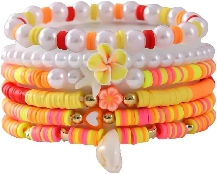 Polymer Clay Flower Shell Bracelet Set for Women Heishi Ocean Element Stretch Bracelet Colorful Surfer Bead Elastic Bracelets Simulated Pearls Tortoise Stackable Bracelets for Women Jewelry
