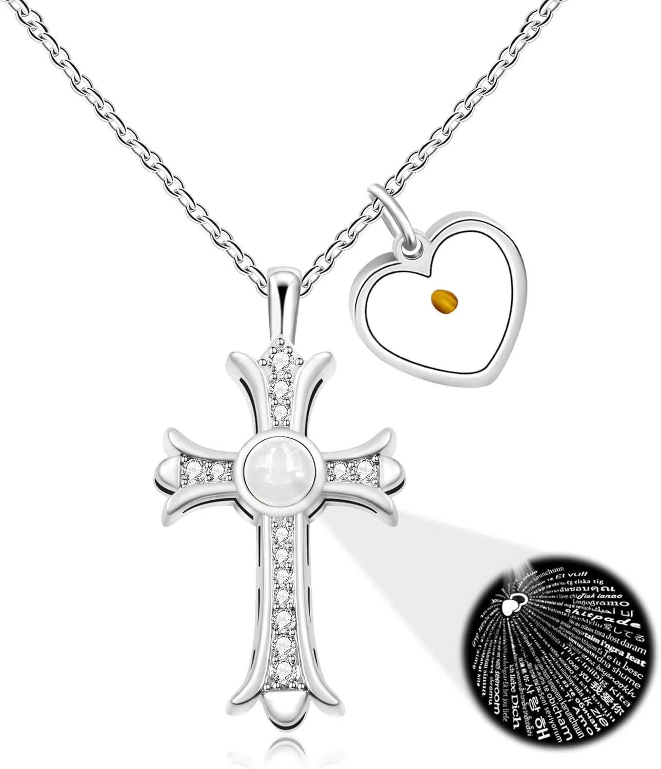 Projection Cross Necklace for Women, Cubic Zirconia Paved Cross Pendant Mustard Seed Necklaces Inspirational Religious Christian Jewelry YA4788