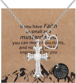 Projection Cross Necklace for Women, Cubic Zirconia Paved Cross Pendant Mustard Seed Necklaces Inspirational Religious Christian Jewelry YA4788