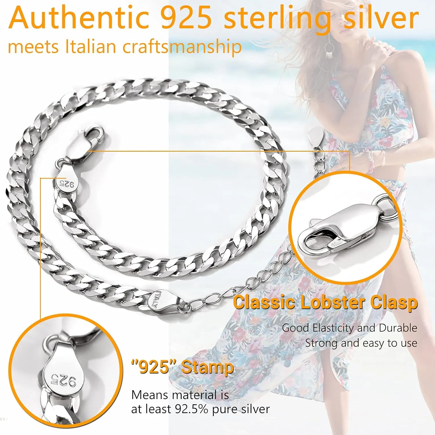 PROSILVER 925 Sterling Silver Ankle Bracelets For Women, Stylish Chain Anklets, Summer Beach Jewelry, 8.6-10.6 Inch Adjustable, Come with Box