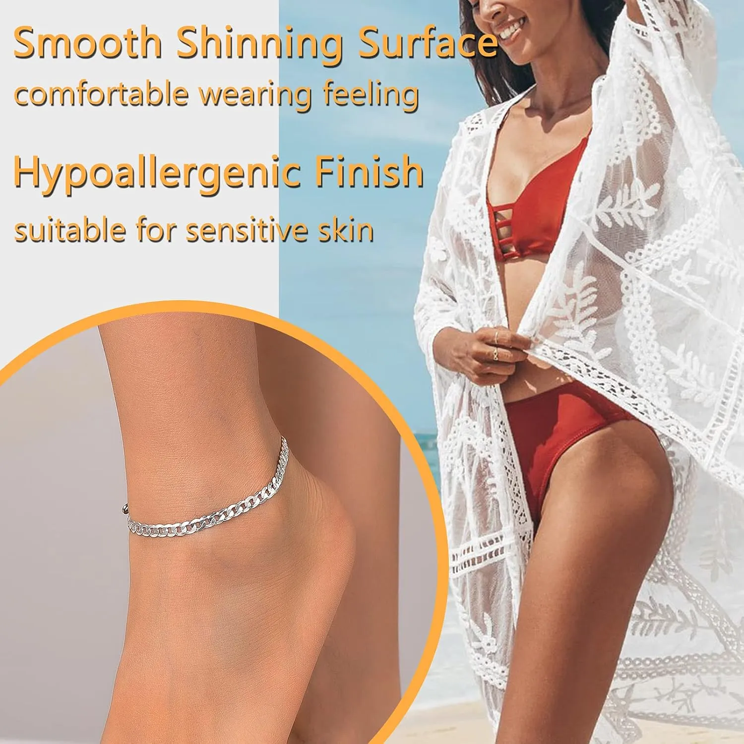 PROSILVER 925 Sterling Silver Ankle Bracelets For Women, Stylish Chain Anklets, Summer Beach Jewelry, 8.6-10.6 Inch Adjustable, Come with Box