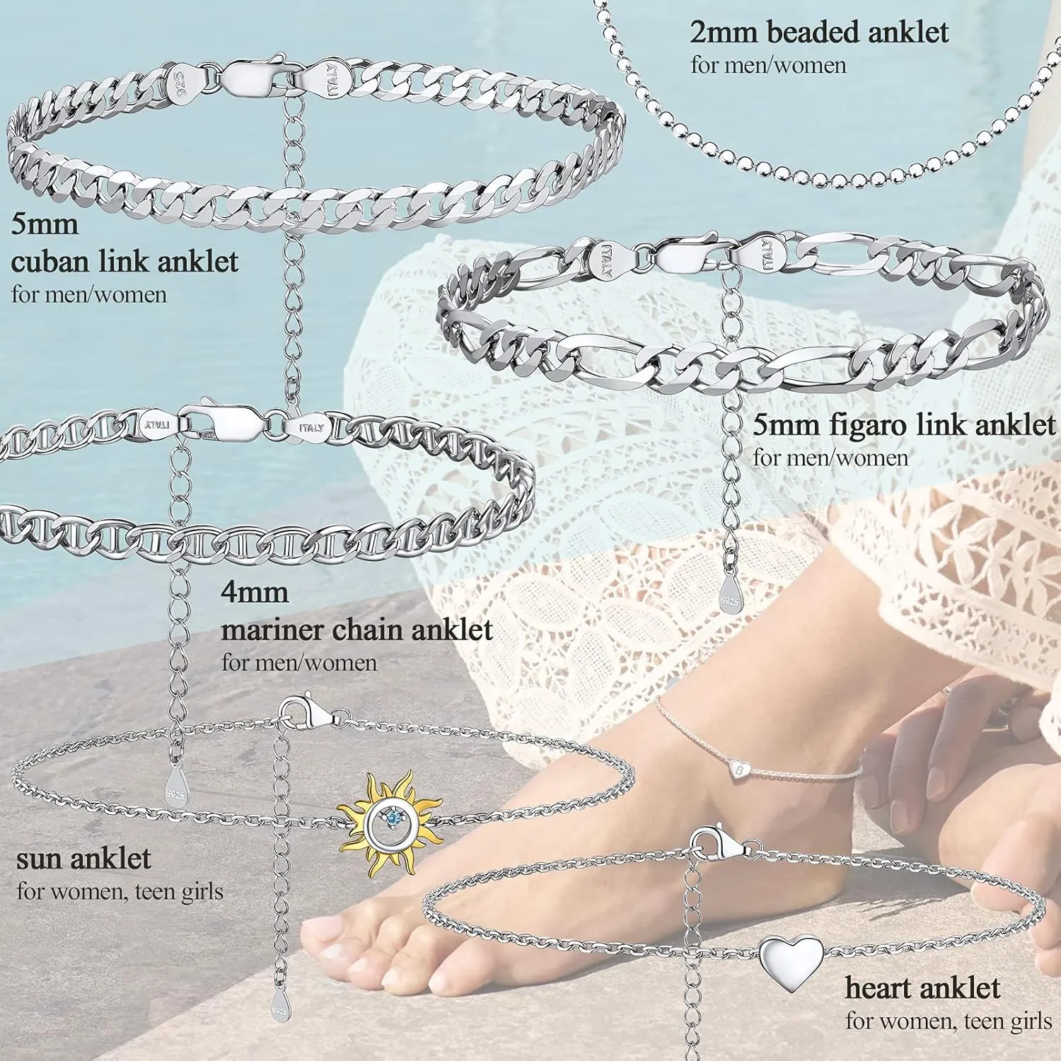 PROSILVER 925 Sterling Silver Ankle Bracelets For Women, Stylish Chain Anklets, Summer Beach Jewelry, 8.6-10.6 Inch Adjustable, Come with Box