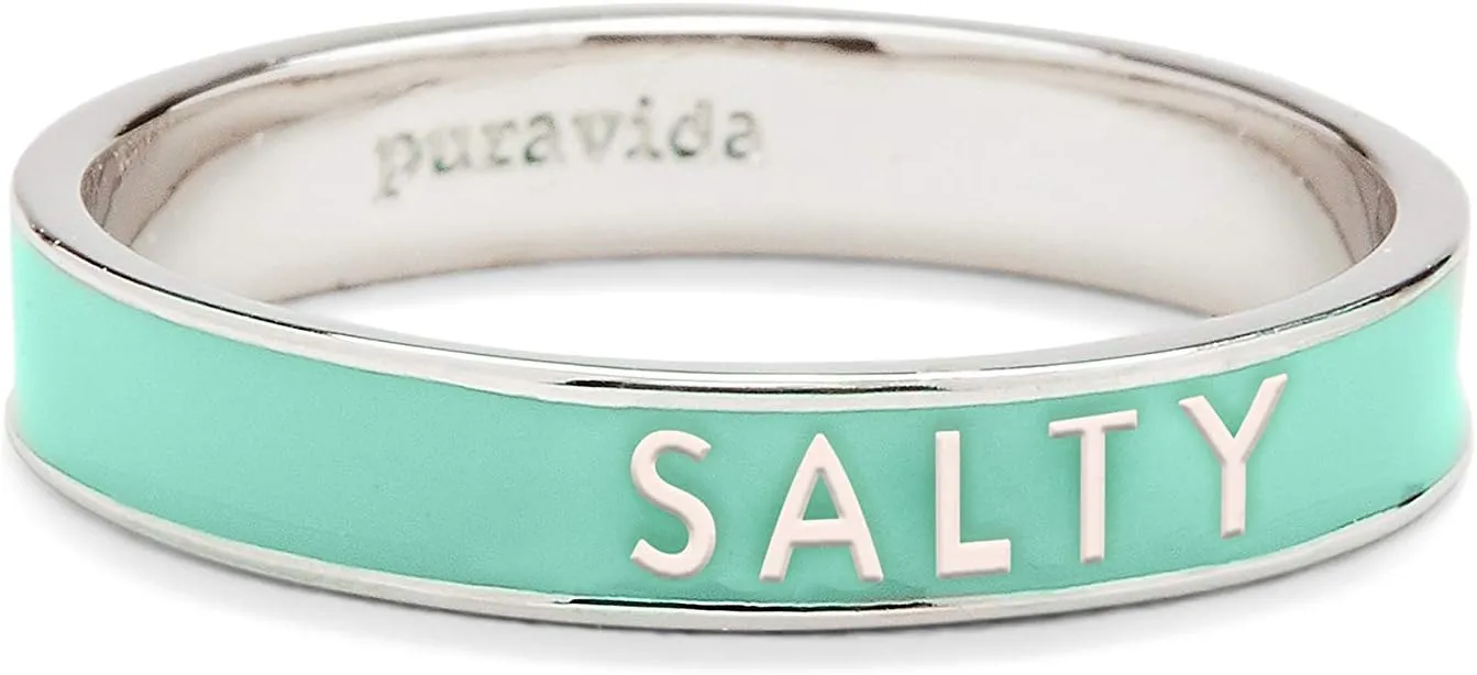 Pura Vida Silver-Plated Salty Word Enamel Stackable Ring - Brass Base, Stylish Design - Teal, Sizes 5-9