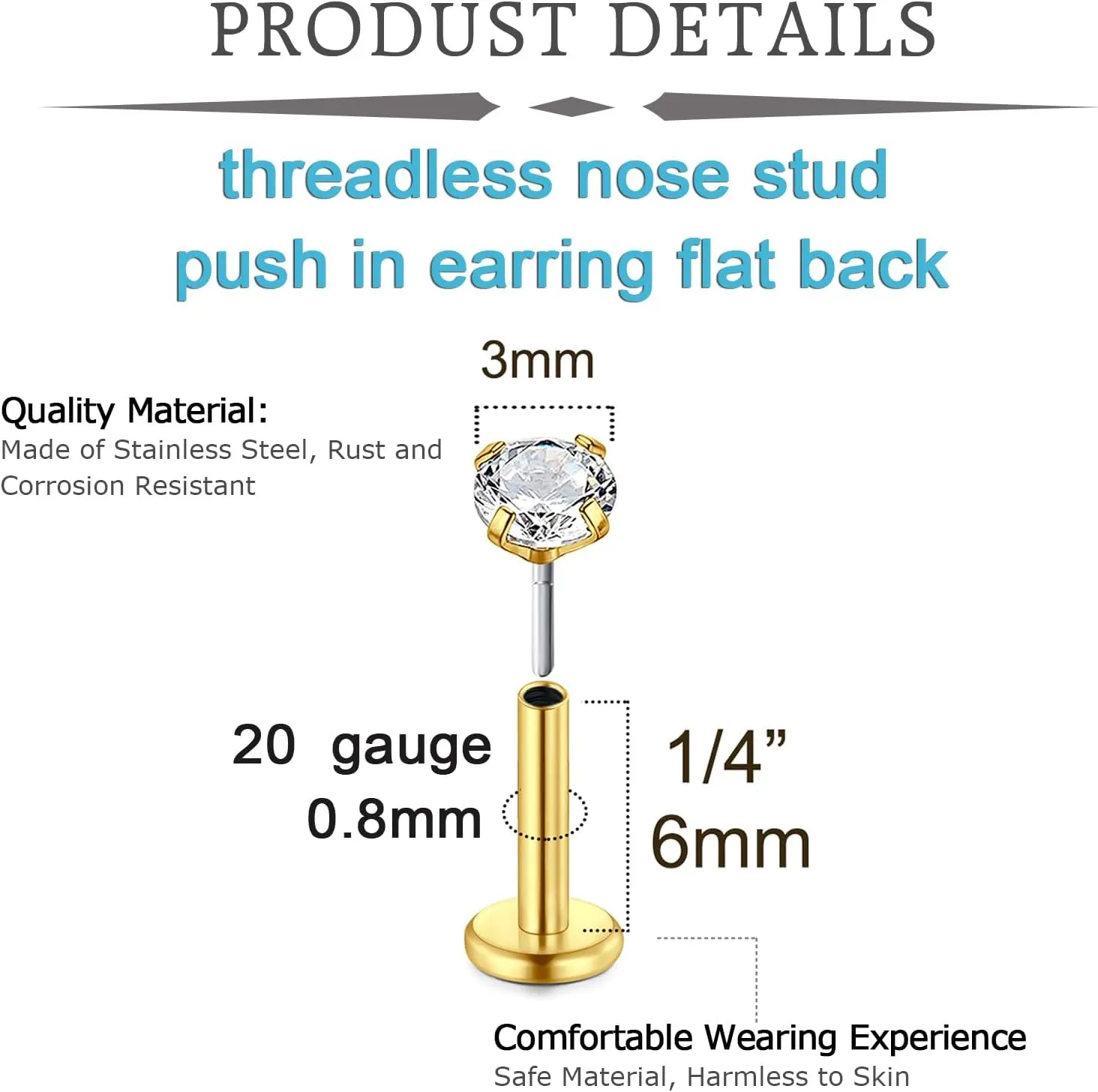 QWALIT Piercing Taper Threadless Insertion Tool - Titanium Labret Pin 16g, 18g, 20g