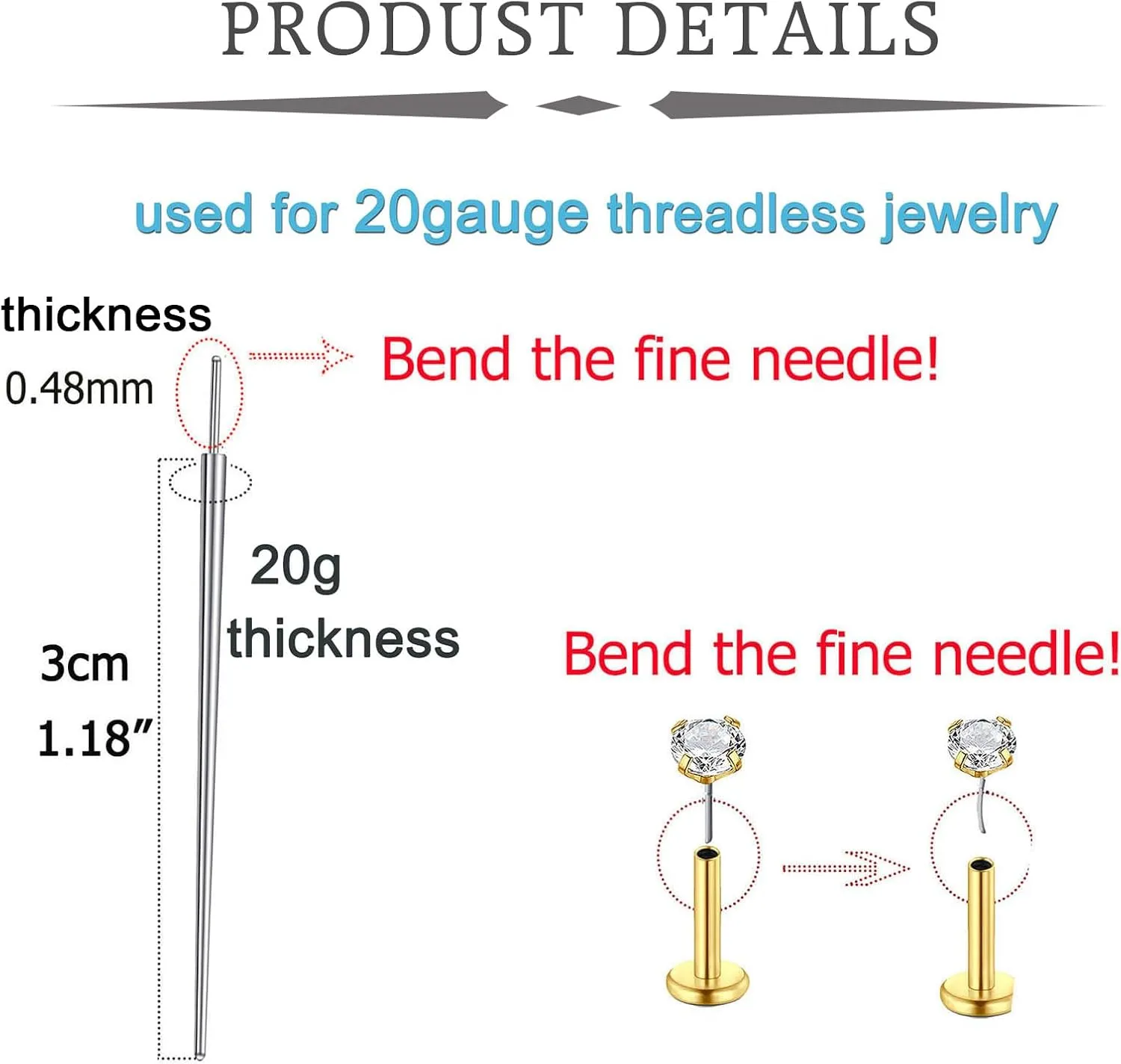 QWALIT Piercing Taper Threadless Insertion Tool - Titanium Labret Pin 16g, 18g, 20g