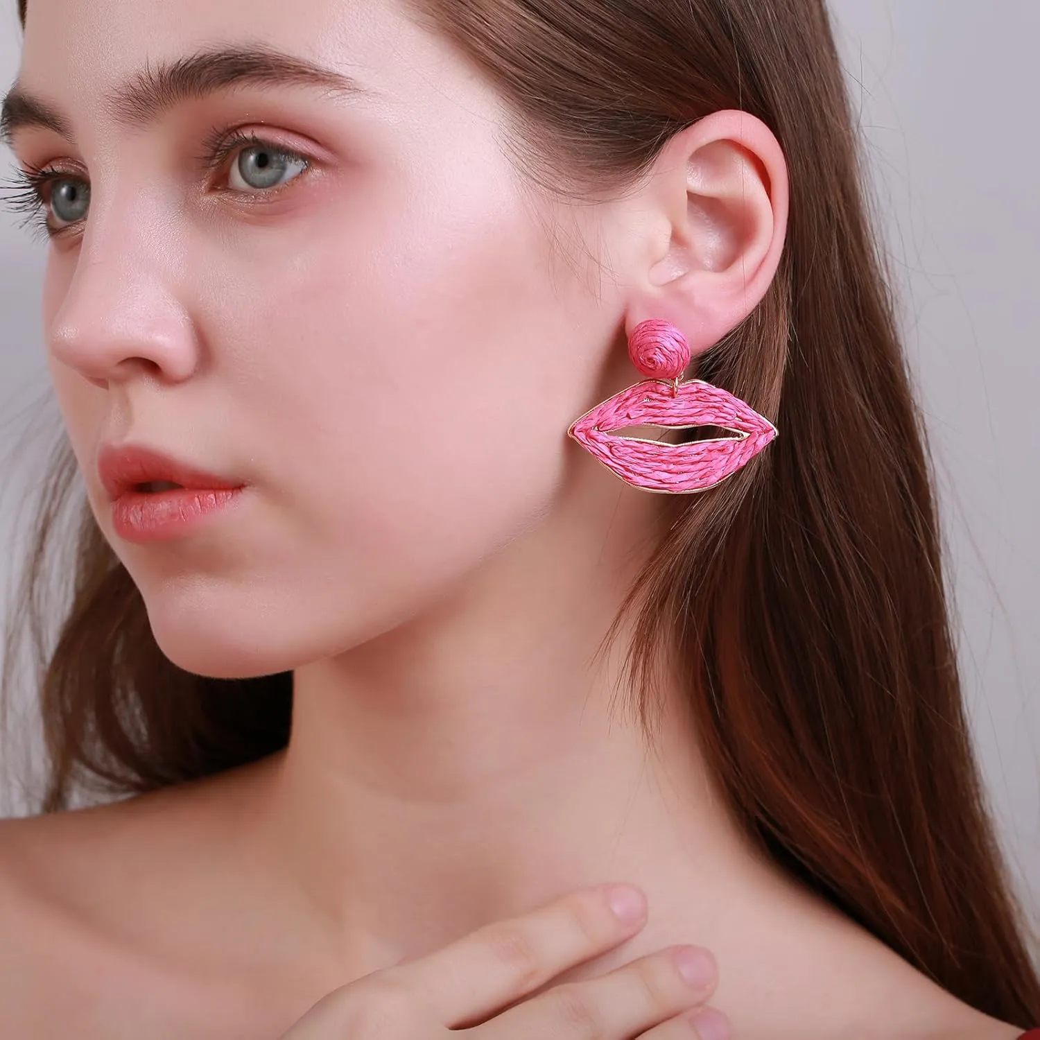 Raffia Lip Earrings, Handmade Rattan Statement Drop Dangle Earrings Summer Tropical Beach Jewelry