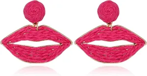 Raffia Lip Earrings, Handmade Rattan Statement Drop Dangle Earrings Summer Tropical Beach Jewelry