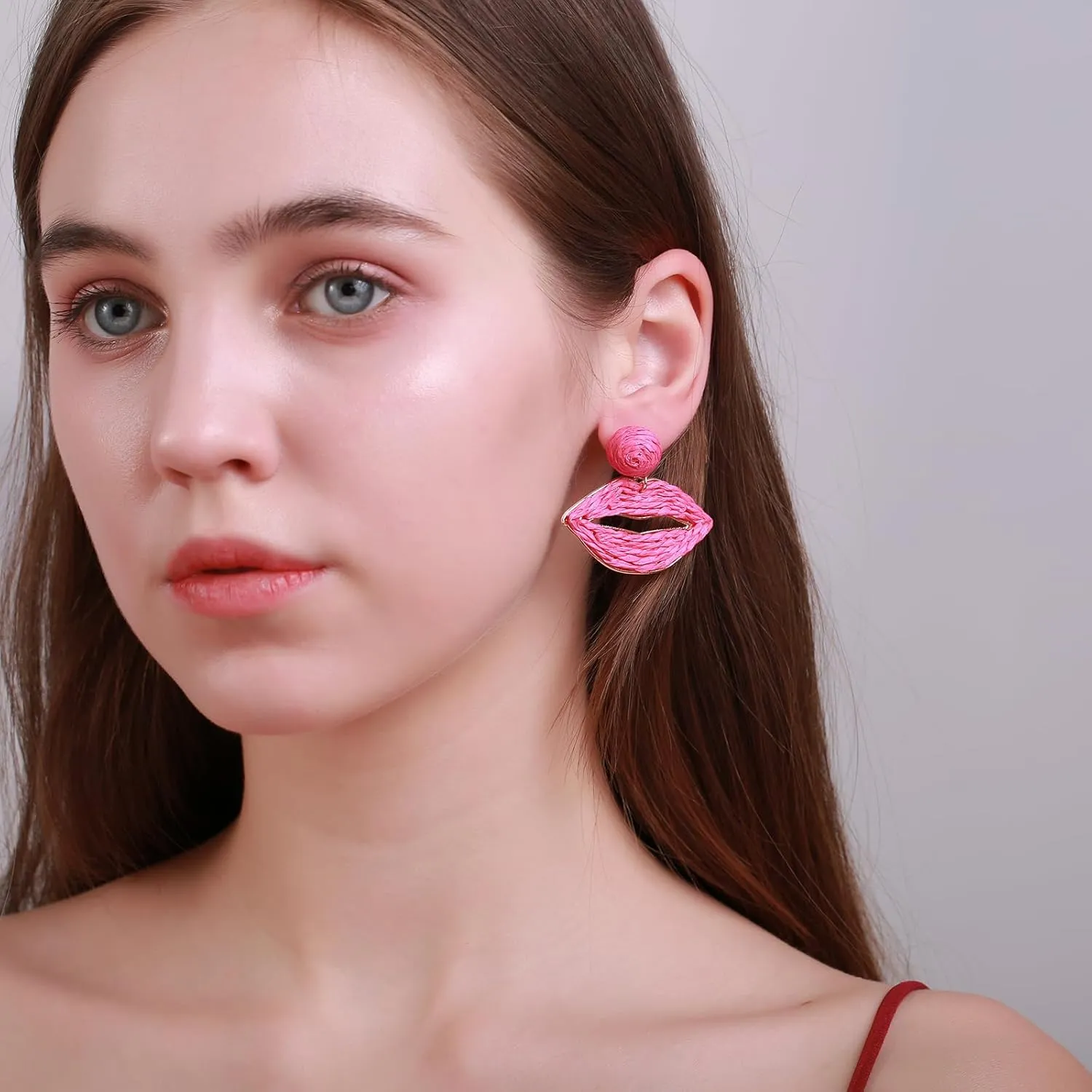 Raffia Lip Earrings, Handmade Rattan Statement Drop Dangle Earrings Summer Tropical Beach Jewelry