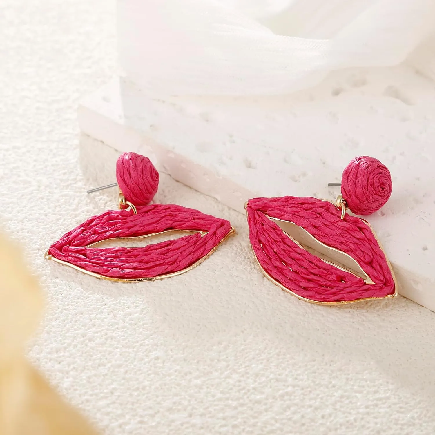 Raffia Lip Earrings, Handmade Rattan Statement Drop Dangle Earrings Summer Tropical Beach Jewelry