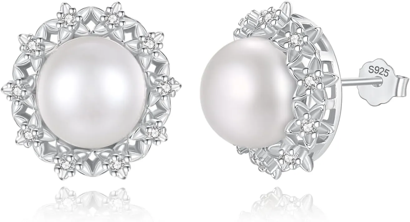 Real Pearl Earrings for Women Handpicked AAA  Pearl Stud Earrings Sterling Silver Freshwater Cultured Pearl Studs with Cubic Zirconia