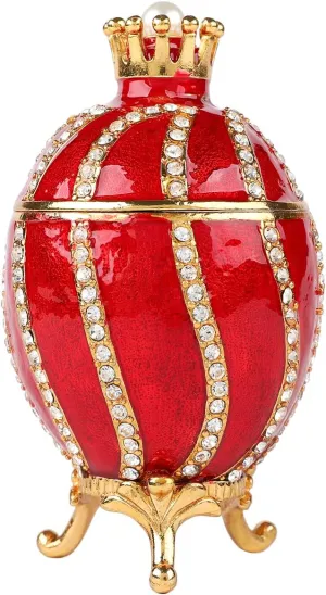 Red Easter Egg Style Jewelry Trinket Box Hinged with Crown Vintage Decorative Ornaments Unique Gift