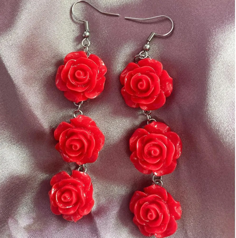 Red Rose Flower Earrings Ring Vintage Enamel Painting Dangle Earrings for Women Jewelry